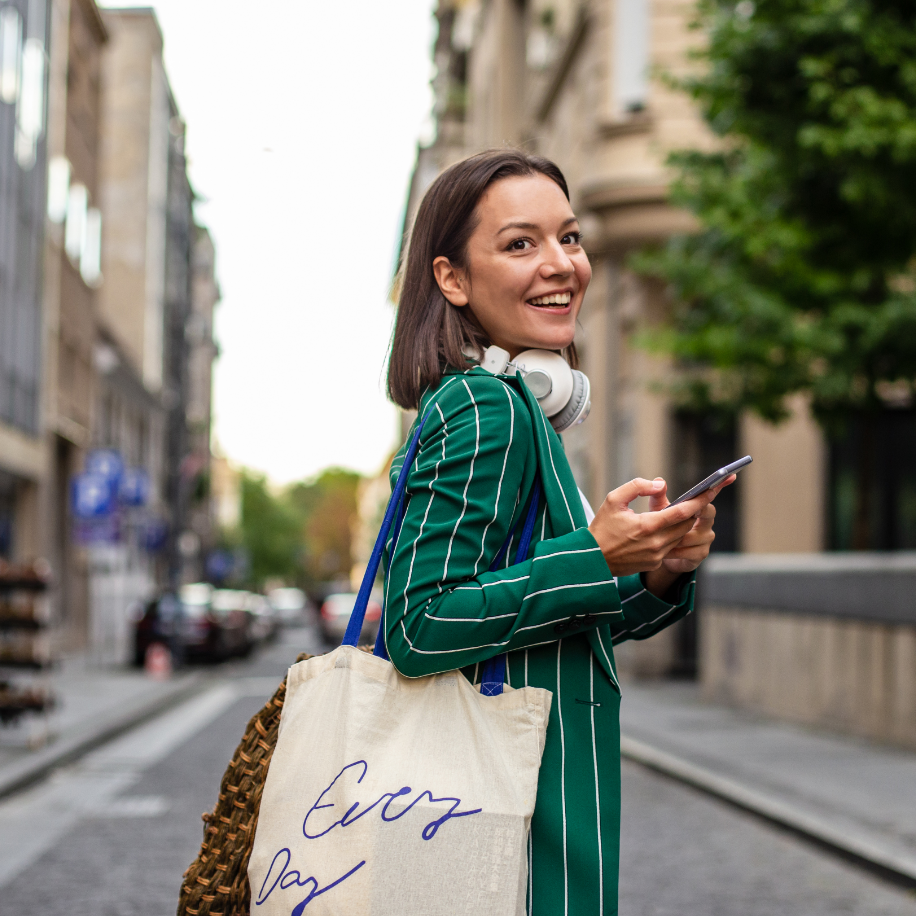 Smiling woman in a street